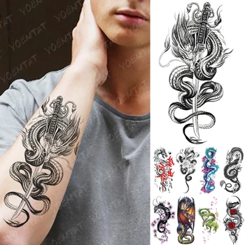 Nepremočljiva Začasni Tattoo Nalepke Dragon Sword Kača Flash Tetovaže Rose Sova Volk Body Art Roko Ponaredek Rokav Tattoo Ženske Moški