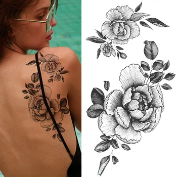 Nepremočljiva Začasni Tattoo Nalepke Črne Vrtnice Cvet Design Vzorec Poln Cvet Roko Body Art Velika Velika Ponaredek Tattoo Nalepke 1PC