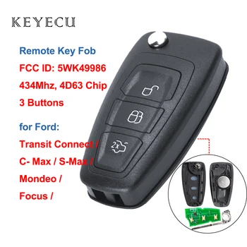 Keyecu Nadomestni Daljinski Ključ Fob 3 Gumb za Ford C-Max, S-Max, Focus MK3 Grand Mondeo 2010-2018 434MHz 4D63 Čip 5WK49986
