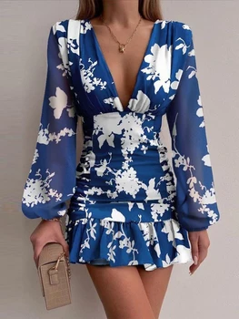 obleka ženske elegantne luksuzni 2022 poletje tiskanja šifon obleko urad mini obleka v vratu seksi stranka obleko tesen modra florallong sleev