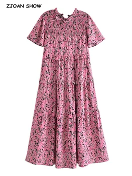 2022 BOHO Razrezana uhljevka Ruffles Rose Pink Cvjetnim Tiskanja Midi Obleko Hipi Ženske Elastične Ruched Ramenski Obleke Počitnice Robe