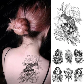 Gothic Punk Y2K Nepremočljiva Začasni Tattoo Nalepke Temen madež Slog Mačka Rose Flash Tetovaže Roko Ponaredek Tattoo Moški Ženske Body Art