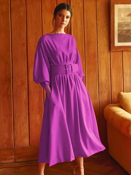 Delocah Visoke Kakovosti Pomlad Ženske Modni Stezi Midi Obleko Luč Rokav S Pasom Barva Tiskanja Elegantne Obleke Vestidos
