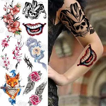 Usta Klovn Halloween Začasne Tetovaže Za Ženske, Moške Realne Fox Rose Cvet Zmaj Ponaredek Tattoo Nalepke Seksi Roko Telo Tatoos