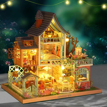 Cutebee Diy Lutke Komplet Lesenih Miniaturni Lutka Hiše s Pohištvom Svetlobe Džungle Resort Lutke Igrače Za Otroke Darila