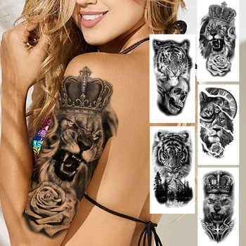 Lion King Krono Začasne Tetovaže Za Ženske, Moške Odrasle Black Tiger Gozd Lobanje Tattoo Nalepke Ponaredek Okostje Moda Tattoo Cvet