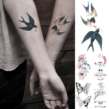 Nepremočljiva Začasni Tattoo Nalepke Pogoltniti Sova Roza Cvetovi Flash Tattoo Metulj Ptica Roko Zapestje Ponaredek Tatto Za Body Art Ženske