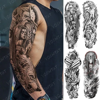 Veliko Roko Rokav Roza Medved Lobanje Nepremočljiva Začasnimi Tatto Nalepke Bog Zeus Poseidon Body Art Polno Ponaredek Tattoo Ženske Moški