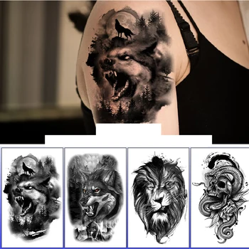 Black Forest King Animal Tattoo Nalepke za Moške Tiger Lobanje Okostje Ponaredek Tatoo za Ženske Volk Tatoo Začasno Nepremočljiva