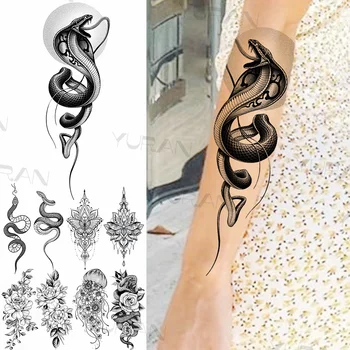Velika Črna Kača Začasne Tetovaže Za Ženske, Dekleta Realne Henna Meduze Cvet Ponaredek Tattoo Nalepke Roko Telo Tatoos 3D
