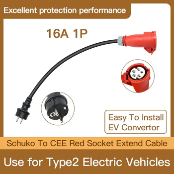 EV Converter Schuko Vtič CEE Rdeče Vtičnico Podaljša Kabel Uporabite za Tip 2 Električna Vozila