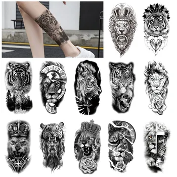 12sheets Lev, Tiger Nepremočljiva Tattoo Nalepke Moški Ženske Pol Roko Tele Vodo Prenos Ponaredek Tatoo Živali Pattem Začasni Tattoo