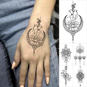 Nepremočljiva Začasni Tattoo Nalepke Lotus Luna Ročno poslikano Henna Cvet Mandala Flash Tatto Ženske Moški Body Art, Mala Tetovaže