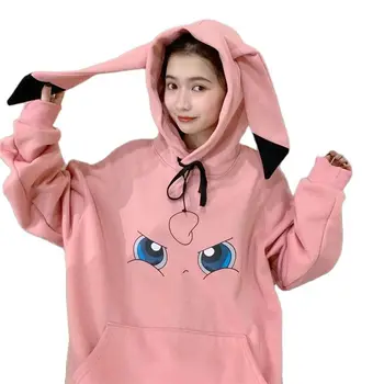 Korejski Moda Risanka Hoodie Majica Luštna Dekleta Jesenski Oblačila Kawaii Pikachu za Ženske Kenguru Pocket Prevelik Hoodies