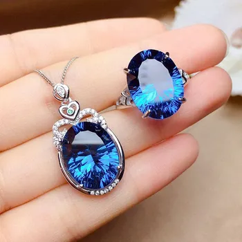 Ovalni Blue Crystal Sapphire dragih kamnov Diamanti Obesek Ogrlice, Prstani za Ženske Belo Zlato Srebrne Barve, Nakit Sklopov Stranka Darila
