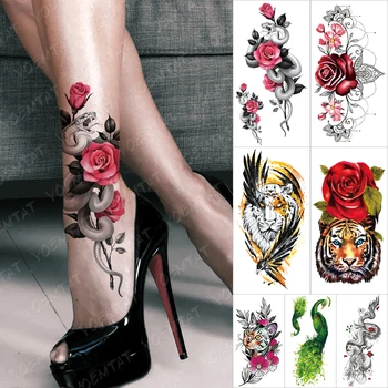 Nepremočljiva Začasni Tattoo Nalepke Rose Cvet, Kača Tetovaže Čipke Tiger Zmaj Body Art Roko Ponaredek Rokav Tattoo Ženske