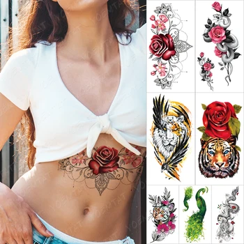 Prenos Nepremočljiva Začasno Rokav Tattoo Nalepke Rdeče Rose Cvet Nakit Seksi Vratu, Prsih Tetovaže Body Art Ponaredek Tatto Ženske