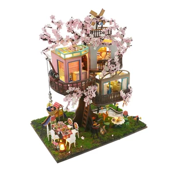 Diy Lesena Lutka Hiša Miniaturni Kompleti Češnjev Cvet Drevo, Hiša S Pohištvom Casa Lutke Igrače Za Otroke, Darila Za Rojstni Dan