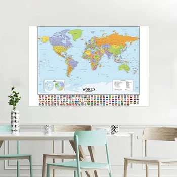 150x100cm Zložljive Svet Politični Zemljevid z Nacionalnimi Zastavami, Nepremočljiva Veliki Svetovni Zemljevid Stenske Nalepke za Kulturo in Potovanja