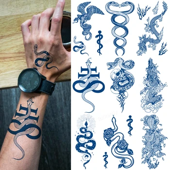 8 Listov Kača Začasne Tetovaže Za Ženske, Moške Realne Luna Kača Nepremočljiva Zeliščni Sok Črnilo Ponaredek Tattoo Nalepke Strani Vratu