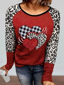 Leopard Vzorcem T-Majice Ljubezen Srce Majica Bluze za Ženske Barvo Preplete Dolg Rokav Vrhovi Tshirt Valentinovo Darilo