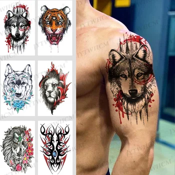 Barva Živali Tattoo Nalepke Za Moške, Ženske, Otroke Tatoo Rokavi Lobanje Tiger Umetnosti Začasne Tetovaže Ponaredek Henna Okostje Nalepka