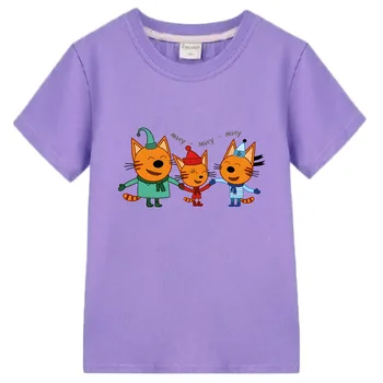 Fant-e-mačke Print Majica s kratkimi rokavi Risanka Otroci Majice Tri Mucek ruske Smešno Dekleta Obleke Poletje Otroci Vrhovi Baby Fantje Oblačila