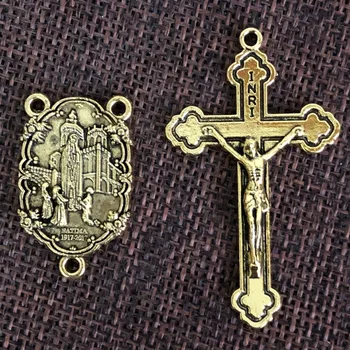 25set/paket antique gold plating venec križ,rožni venec, deli, zlitine križ in fatima center, venec centerpiece