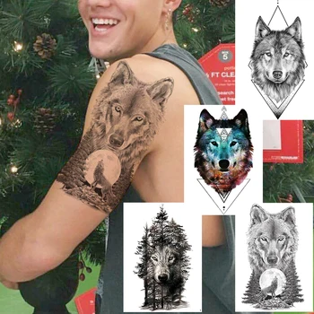 Črna Wolf Začasne Tetovaže Nepremočljiva Geometrijske Howl Coyote Gozd Tattoo Realne Ponaredek Body Art Roko Noge Tatoo Za Ženske, Moške