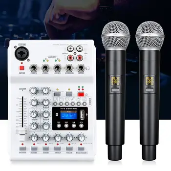 Stereo Zvočni Mešalnik Zidava-v Dvojno UHF Brezžični Mics 4 Kanali Mešalna miza Z USB Učinek Za Karaoke DJ PC Kitaro