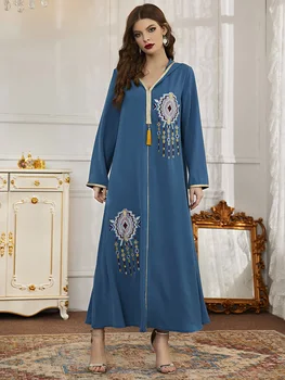 TOLEEN Ženske Priložnostne Elegantno Obleko Maxi 2022 Dolg Rokav Tassel Vezenje Abaya Afriške Turčija arabski Večer Stranka Haljo Vestido