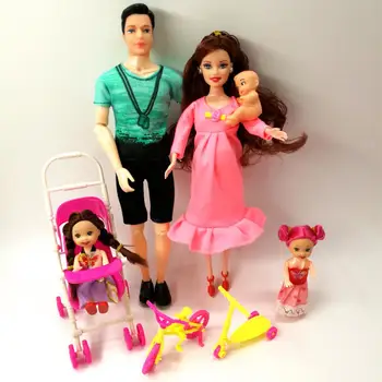 Igrače Družino 5 Ljudi Dolls Obleke 1 Mama /1 Oče /2 Kelly Dekle /1 Baby doll/1 otroški voziček Pravi Noseča Lutka Darila Za Barbie
