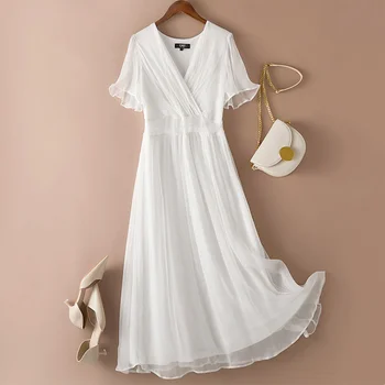 Visoka kakovost murve 100%svileno obleko za ženske temperament dolgo krilo 2022 nove priložnostne belo obleko poletje ženska oblačila K1009