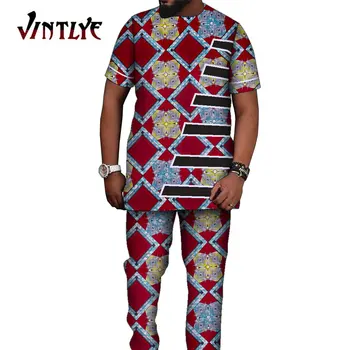 Hip Hop Afriška Oblačila za Moške, Ankara Afriki Tradicionalne Tiskane Majica in Hlače Dashiki Moških Obleko Afriške 2 Kos Set WYN1539