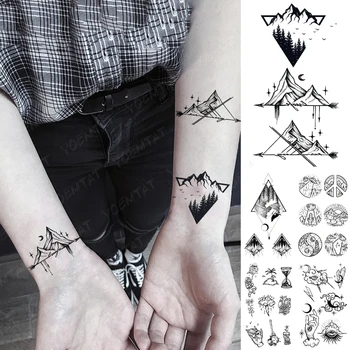 Nepremočljiva Začasni Tattoo Nalepke Geometrijske Gorskih Star Flash Tattoo Gozdnega Drevja Roko Zapestje Ponaredek Tatto Za Body Art Ženske Moški