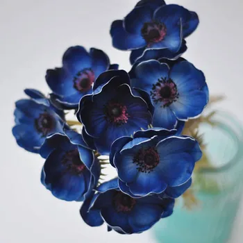 7pcs Modra Anemones Naravnih Pravi Dotik Cvetje Eno Steblo za Svilena Poroka, Poročne Šopke Centerpieces, Torto Dekorativne Rože