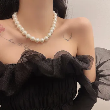 Koreja Elegantna Ročno BIg Simulirani Pearl Izjavo Kroglice Choker Ogrlica Stranka Poročni Nakit