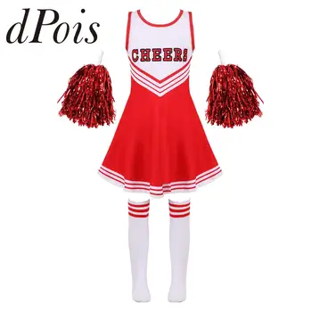 Otroci Cheerleading Kostum Šola Dekleta Navijačica Uniforme Cheer Plesne Obleke za noč Čarovnic Cosplay Obleko z Nogavice Cvet