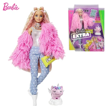 Barbie Dodatno Lutka 12-v #3 Puhasto Roza Plašč z Jjeza Samorog-Prašiča zelo Dolga Zavihanimi Las, Vključno s Candy Girl Igrača Darilo za Rojstni dan