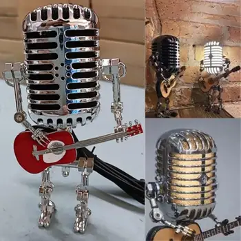 Vintage Mikrofon Kitara Robot LED Nočne Luči Kovinski Mikrofon Robot Desk Lučka Za Spalnico Restavracija Doma Namizni Dekor W1R0