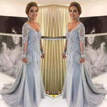Elegantna Modra Srebrna Mati Nevesta Obleke z Dolgimi Rokavi 2022 V Vratu Botra Večerne Obleke svate Gost Halje Nova
