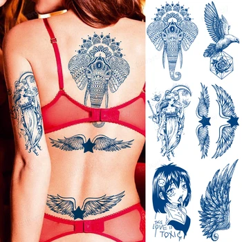 8Pcs/Veliko Začasni Tattoo Trgovina Zeliščni Pol-Stalna Dolgotrajno Ponaredek Tattoo Nalepke Modra Seksi Žensk Odraslih Body Art Krila