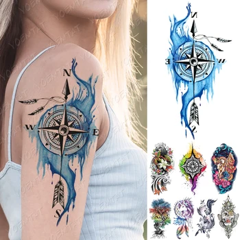 Nepremočljiva Začasni Tattoo Nalepke Modra Kompas Puščico Samorog Tetovaže Drevo Lily Body Art Roko Ponaredek Rokav Tattoo Ženske Moški