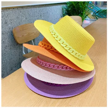 Macaron barve slamnati klobuk, slamnik ravno top korejske modne barve verige s cilindrom akril plaži klobuk candy barve nedelja klobuk