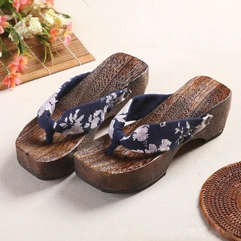 Japonski Geta za Ženske Japonski Tradicionalni Čevlji z Visoko Peto Platformo Natisnjeni Lesena Obutev Pet Barv Cvetlični Prostem Sandali