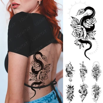 Seksi Kača Nepremočljiva Začasni Tattoo Nalepke Zmaj Peony Rose Cvet Flash Tatto Ženske Moški Pas Roko 3D Body Art Ponaredek Tetovaže