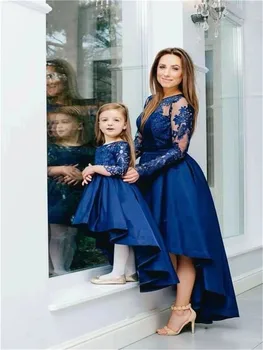 Dolg Rokav Kraljevsko Modra Čipke Mati Hči Rojstni Dan Obleko Mama In Dekleta, Ki Se Ujemajo Z Linija Obleke Fotografija Rekviziti Oblek