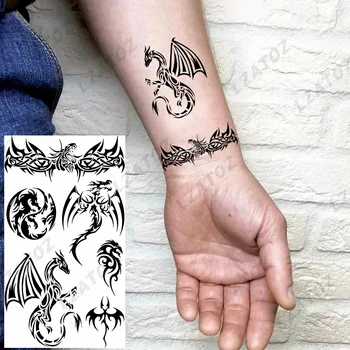 Črna Totem Zmaj Začasne Tetovaže Za Moške Odrasle Indijski Živali Ponaredek Tattoo Nalepke DIY Strani Vode Transfertatoos Decals