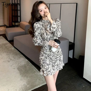 Cvetlični Obleke Ženske, Elegantna Oblika Ponudbe Preprost Retro Slim Seksi Sweet Pomladni Mini Vestidos Korejskem Slogu Gube Moda Za Prosti Čas